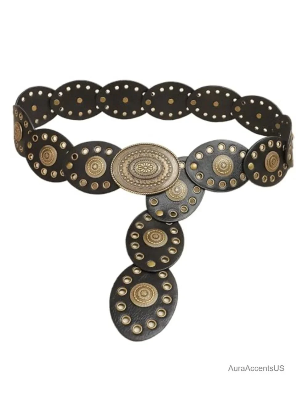Western Chunky Wide PU Leather Disc Belt with Concho Buckle Boho Cowgirl